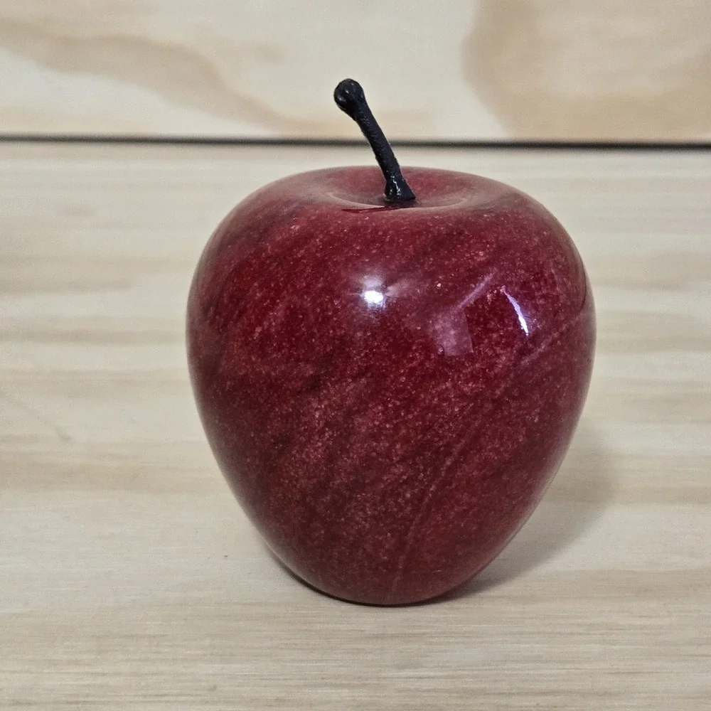 Carved Red Marble Stone Apple Paperweight Figurine Polished Fruit Decor 3.75